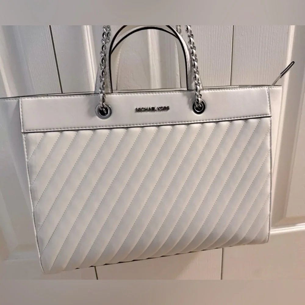Michael Kors Rose Large East West Vegan Leather Tote Bag Optic White